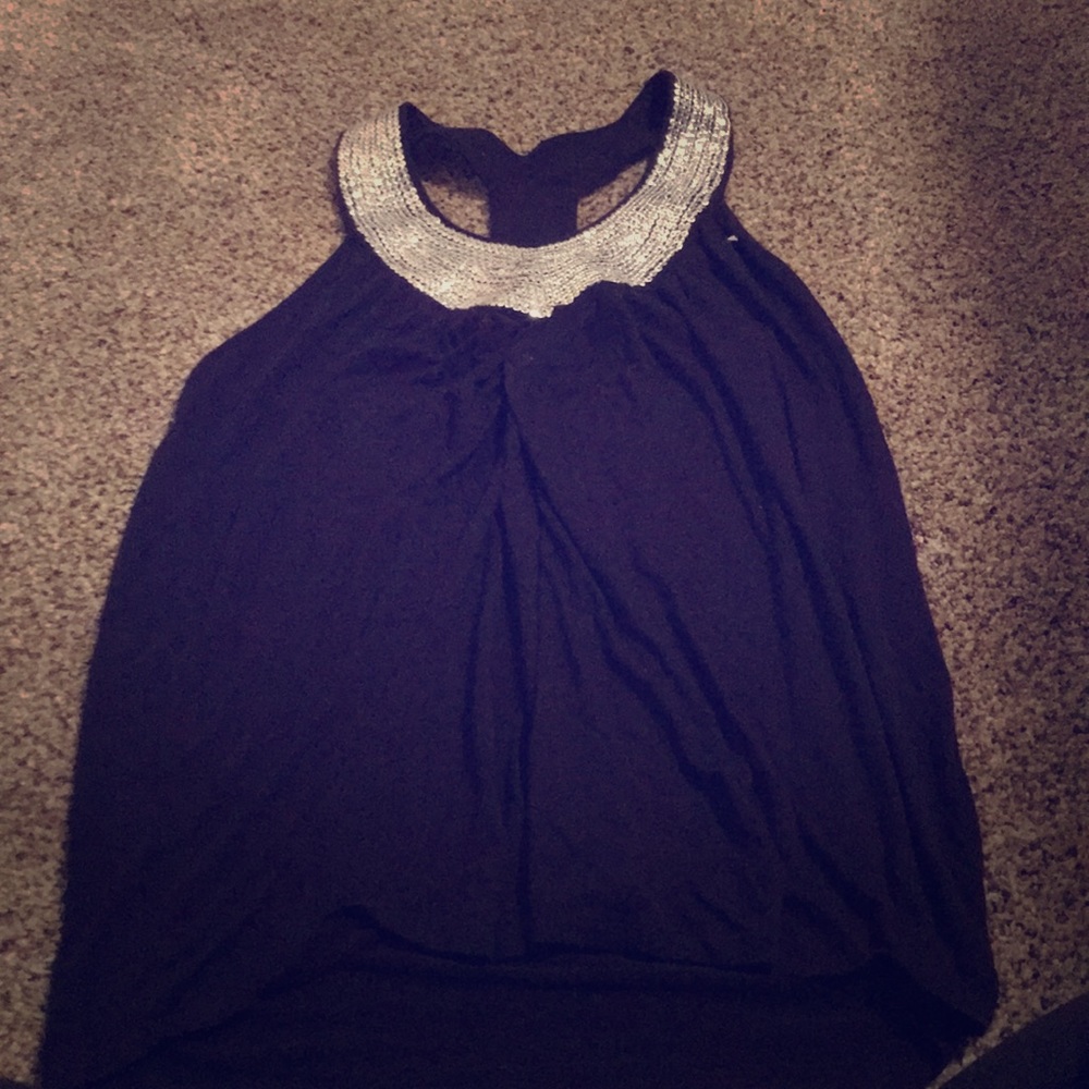 Navy and silver sparkly tank top.